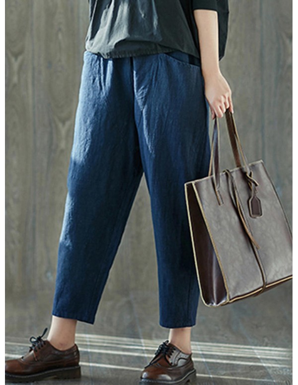 Women Vintage Cotton Linen Elastic Waist Harem Pants with Pockets