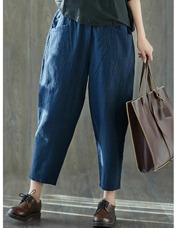 Women Vintage Cotton Linen Elastic Waist Harem Pants with Pockets