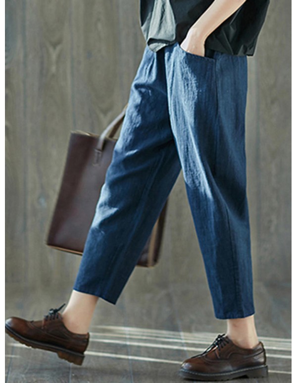 Women Vintage Cotton Linen Elastic Waist Harem Pants with Pockets