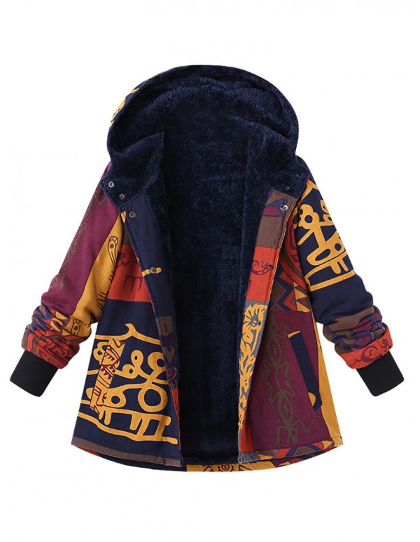 Plus Size Women Vantage Printed Hooded Pocket Coats Thick Warm Jackets