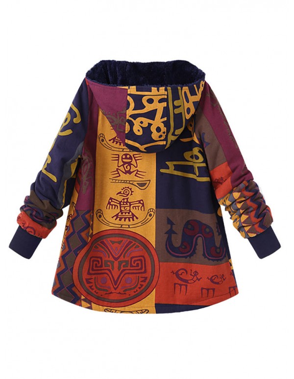 Plus Size Women Vantage Printed Hooded Pocket Coats Thick Warm Jackets
