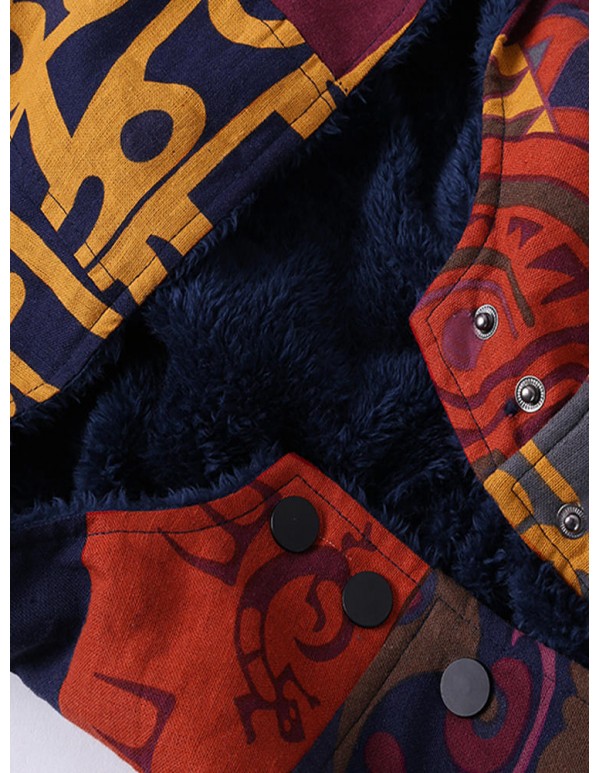 Plus Size Women Vantage Printed Hooded Pocket Coats Thick Warm Jackets