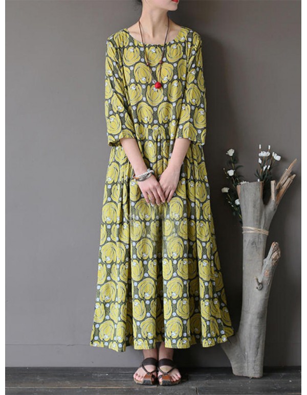 Vintage Flower Printed Half Sleeves O-neck Dress