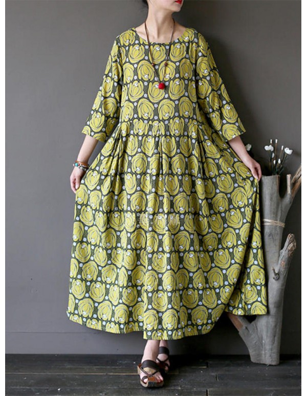 Vintage Flower Printed Half Sleeves O-neck Dress