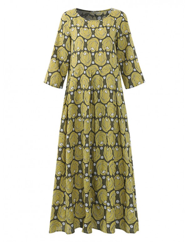 Vintage Flower Printed Half Sleeves O-neck Dress
