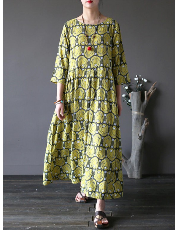 Vintage Flower Printed Half Sleeves O-neck Dress