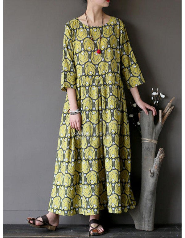 Vintage Flower Printed Half Sleeves O-neck Dress
