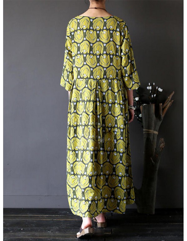 Vintage Flower Printed Half Sleeves O-neck Dress