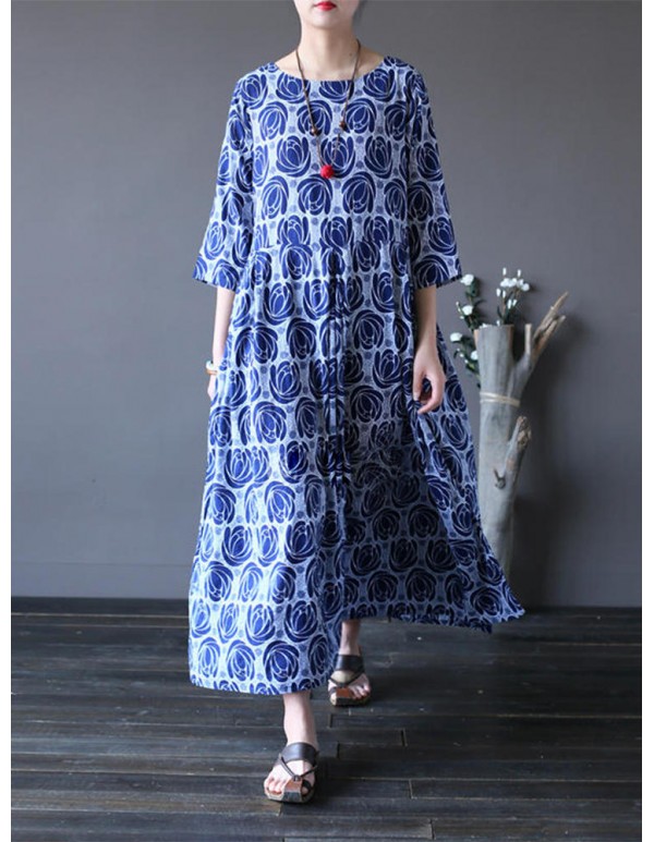 Vintage Flower Printed Half Sleeves O-neck Dress