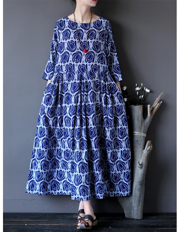 Vintage Flower Printed Half Sleeves O-neck Dress