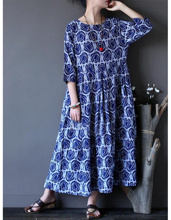 Vintage Flower Printed Half Sleeves O-neck Dress