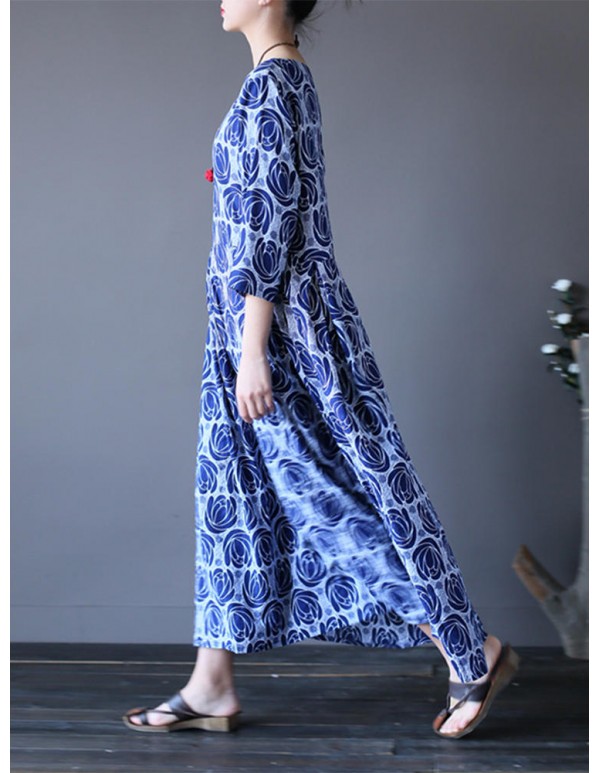 Vintage Flower Printed Half Sleeves O-neck Dress
