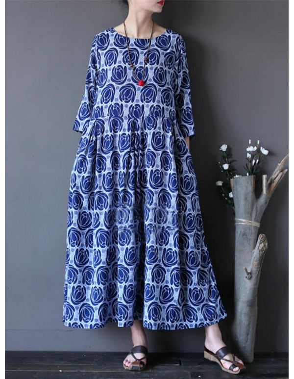 Vintage Flower Printed Half Sleeves O-neck Dress