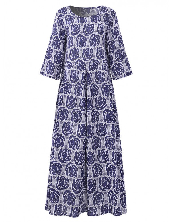 Vintage Flower Printed Half Sleeves O-neck Dress