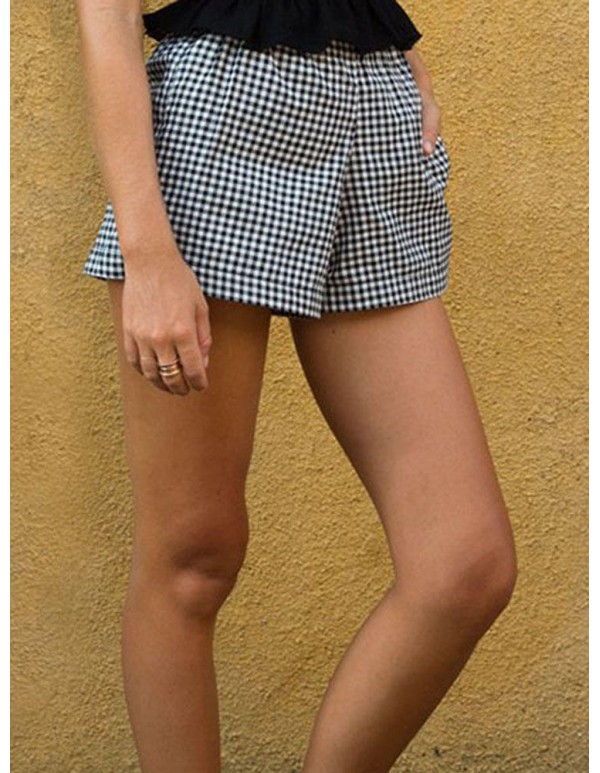 Casual Women Cotton Elastic Waist Loose Plaid Shorts Pants