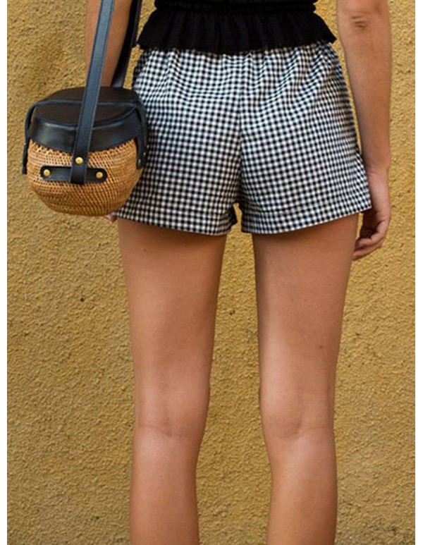 Casual Women Cotton Elastic Waist Loose Plaid Shorts Pants