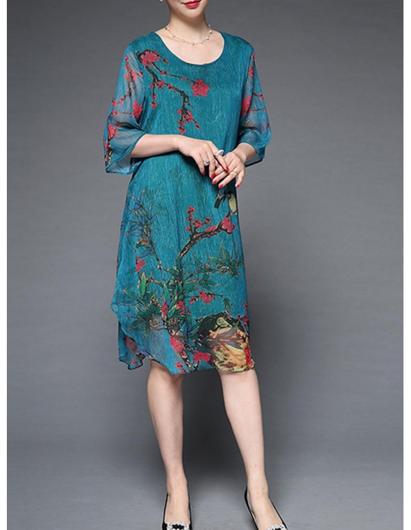 Plus Size Elegant Women Chiffon Floral Dress