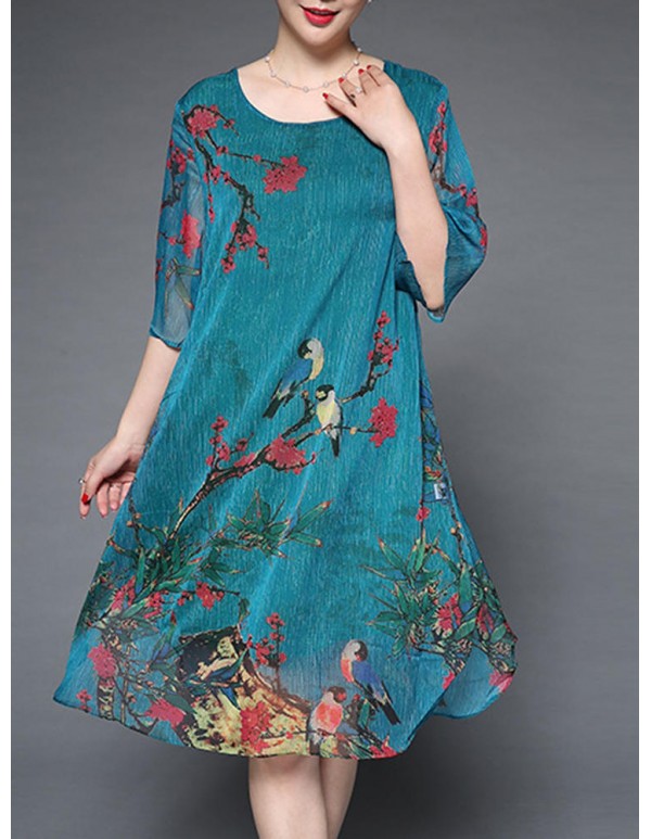 Plus Size Elegant Women Chiffon Floral Dress