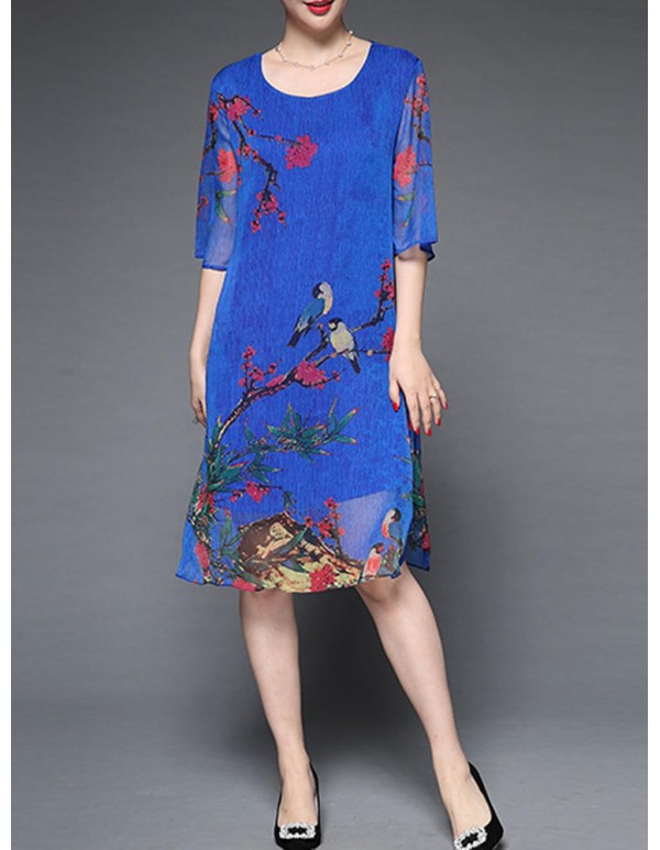 Plus Size Elegant Women Chiffon Floral Dress