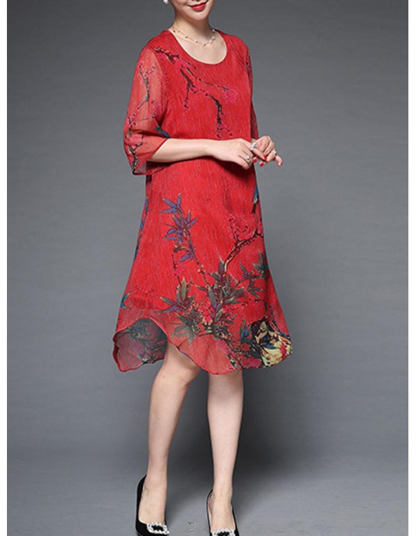 Plus Size Elegant Women Chiffon Floral Dress