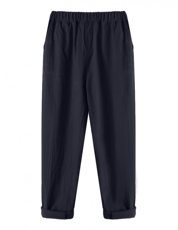 Casual Women Pockets Straight Elastic Waist Harem Pants