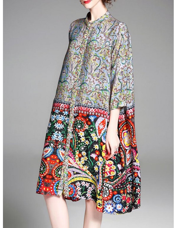 Women Plus Size Floral Print Three Quarter Sleeve Summer Dress