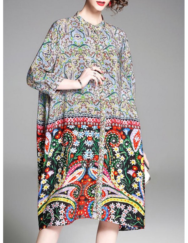 Women Plus Size Floral Print Three Quarter Sleeve Summer Dress