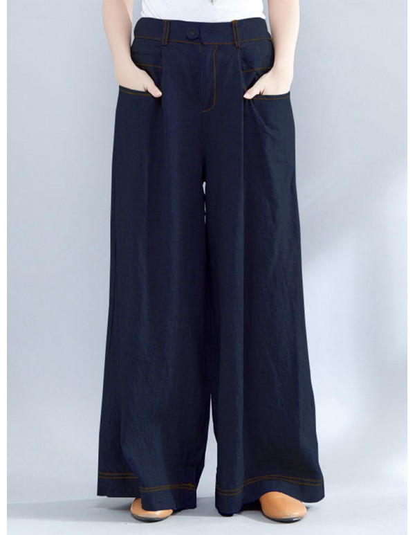 Women Casual Elastic Waist Loose Wide Leg Pants with Zipper