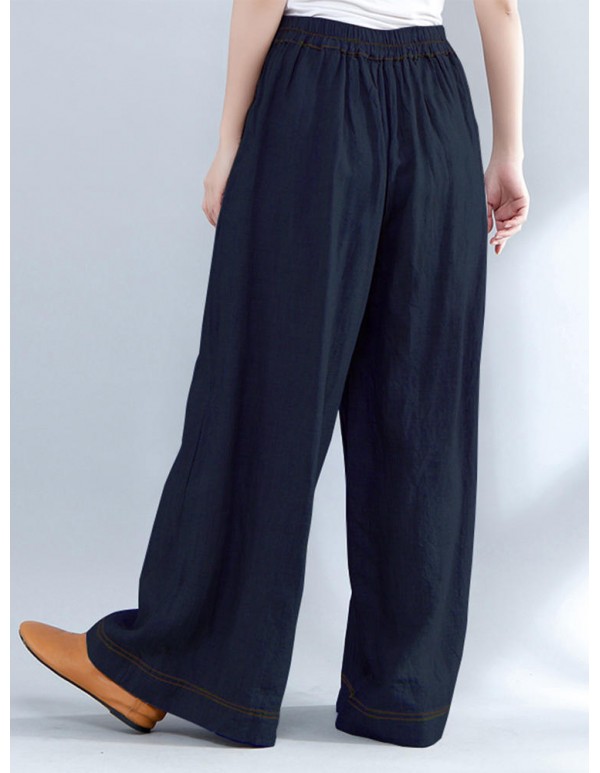 Women Casual Elastic Waist Loose Wide Leg Pants with Zipper