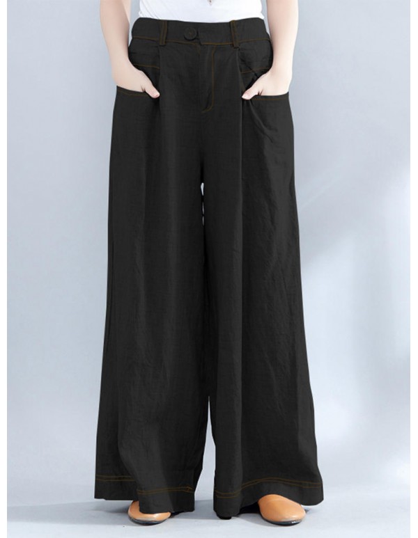 Women Casual Elastic Waist Loose Wide Leg Pants with Zipper