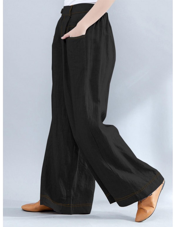 Women Casual Elastic Waist Loose Wide Leg Pants with Zipper
