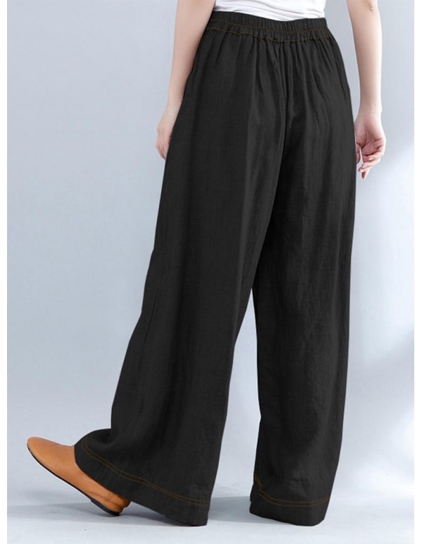 Women Casual Elastic Waist Loose Wide Leg Pants with Zipper