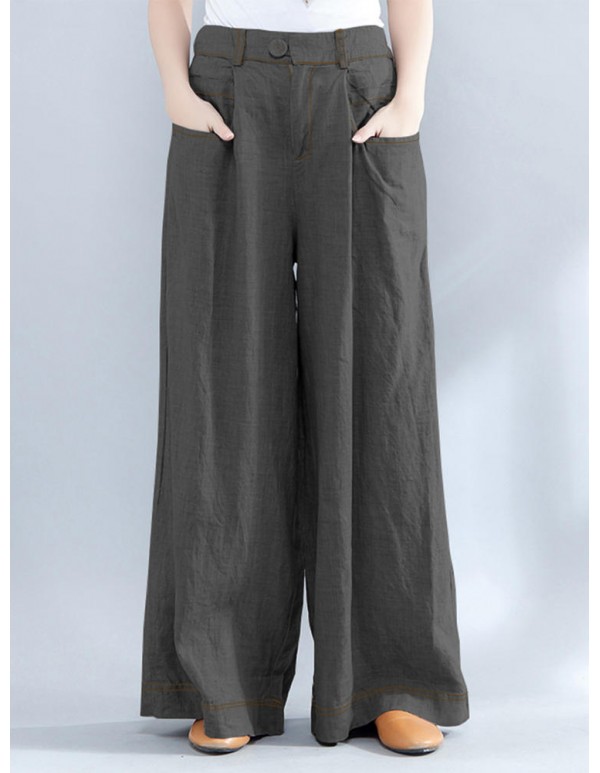 Women Casual Elastic Waist Loose Wide Leg Pants with Zipper