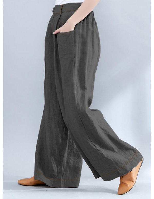 Women Casual Elastic Waist Loose Wide Leg Pants with Zipper