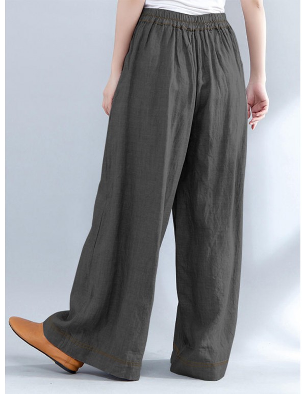 Women Casual Elastic Waist Loose Wide Leg Pants with Zipper