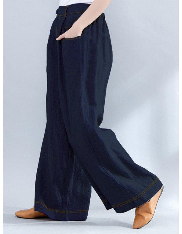 Women Casual Elastic Waist Loose Wide Leg Pants with Zipper