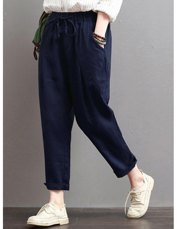 Women Casual Elastic Waist Cotton Harem Pants with Pockets