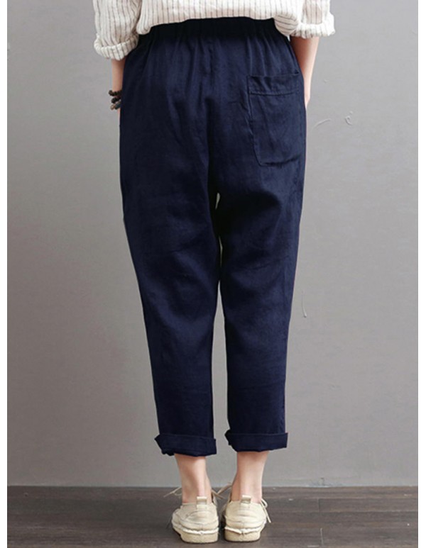Women Casual Elastic Waist Cotton Harem Pants with Pockets