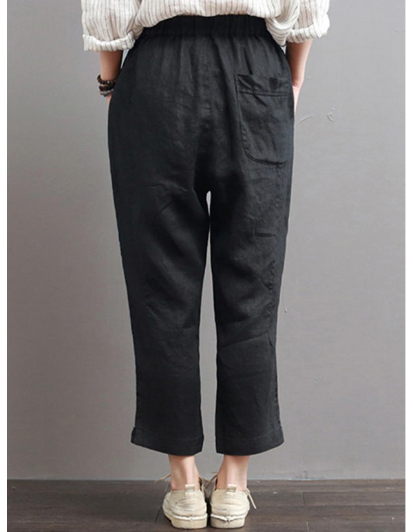 Women Casual Elastic Waist Cotton Harem Pants with Pockets
