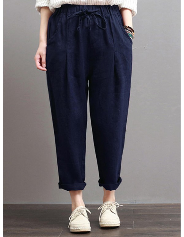 Women Casual Elastic Waist Cotton Harem Pants with Pockets