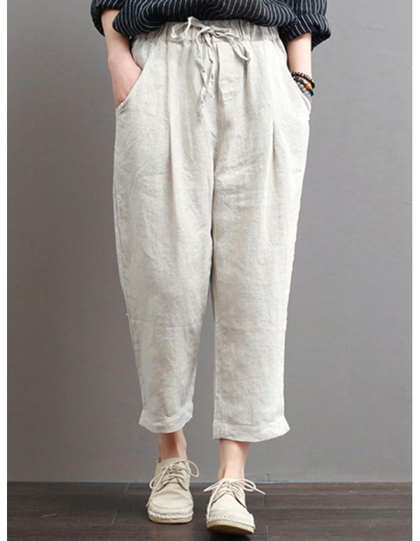 Women Casual Elastic Waist Cotton Harem Pants with Pockets