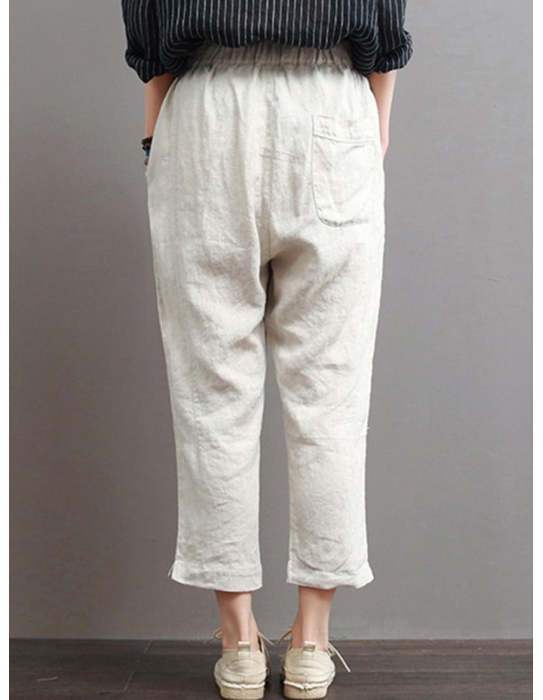 Women Casual Elastic Waist Cotton Harem Pants with Pockets