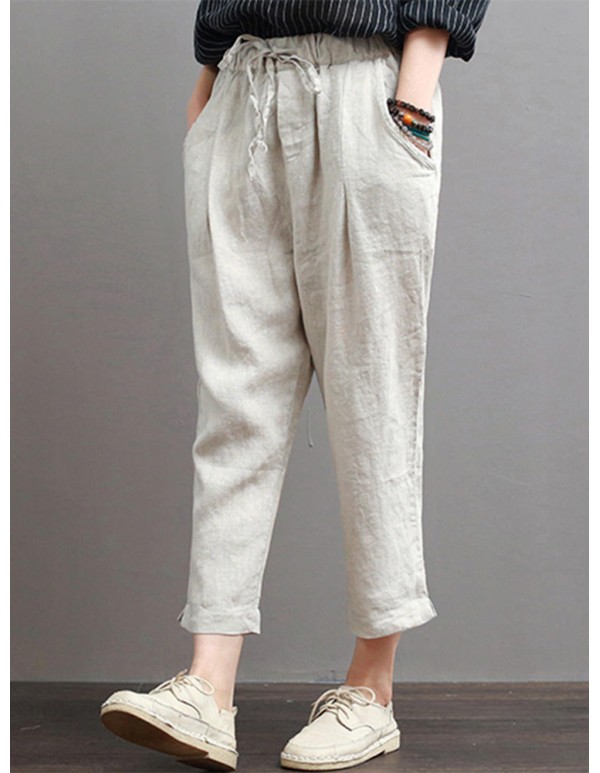 Women Casual Elastic Waist Cotton Harem Pants with Pockets
