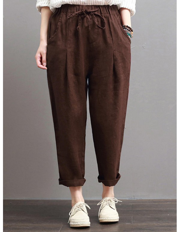 Women Casual Elastic Waist Cotton Harem Pants with Pockets