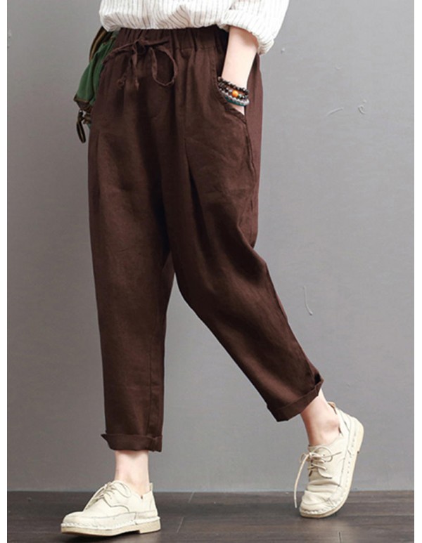 Women Casual Elastic Waist Cotton Harem Pants with Pockets