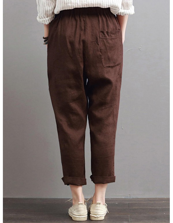 Women Casual Elastic Waist Cotton Harem Pants with Pockets