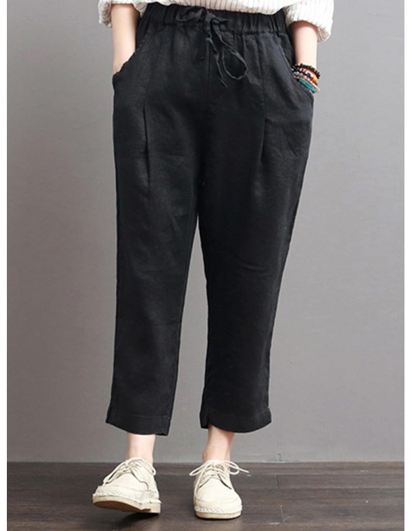 Women Casual Elastic Waist Cotton Harem Pants with Pockets