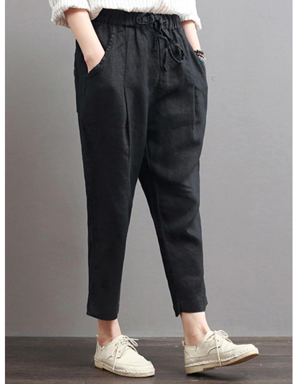 Women Casual Elastic Waist Cotton Harem Pants with Pockets