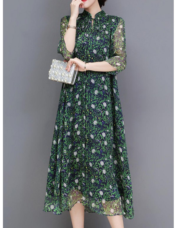 Women Floral Print Stand Collar A-Line Maxi Beach Dress