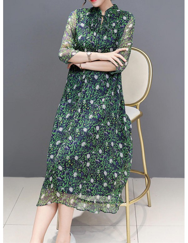 Women Floral Print Stand Collar A-Line Maxi Beach Dress